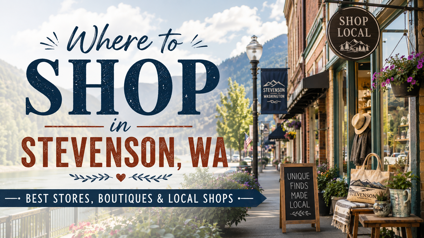 Where to shop in Stevenson, WA: downtown storefronts, mountains, and “Shop Local” signs
