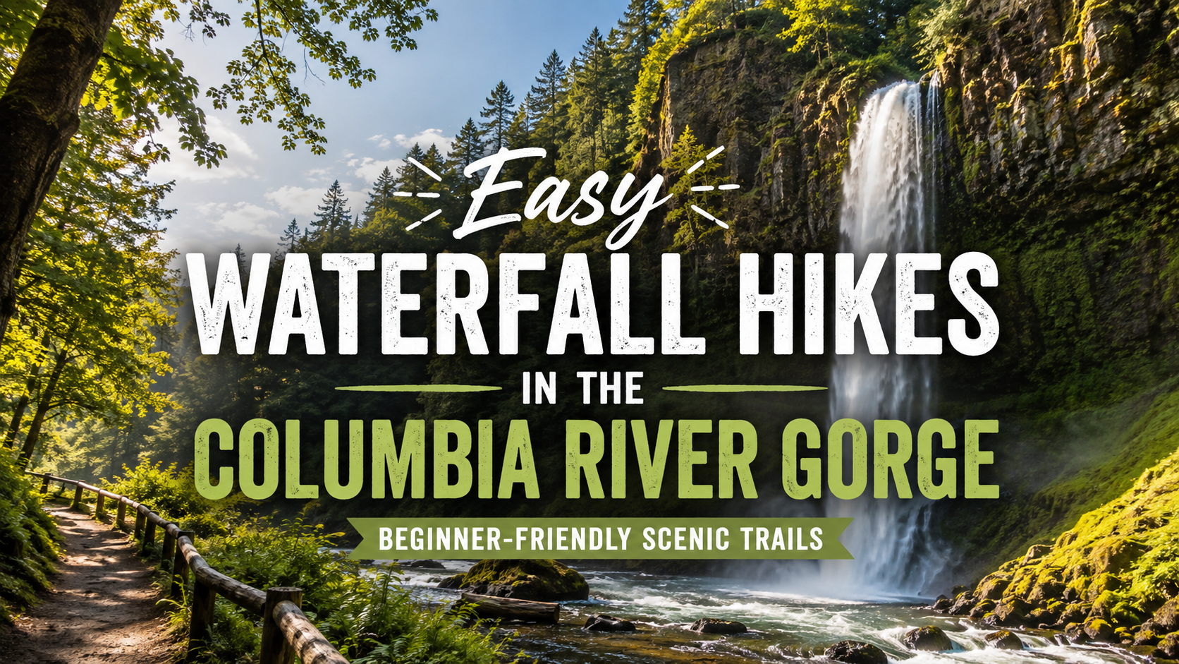 Easy waterfall hikes in the Columbia River Gorge with lush forest and a waterfall
