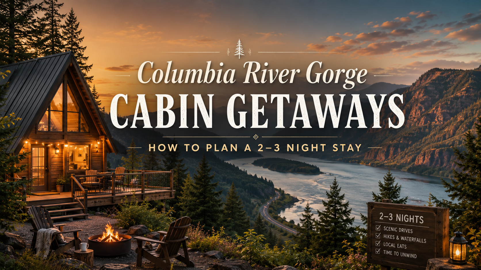 Columbia River Gorge cabin getaway at sunset, with cozy cabin, campfire, and mountain view