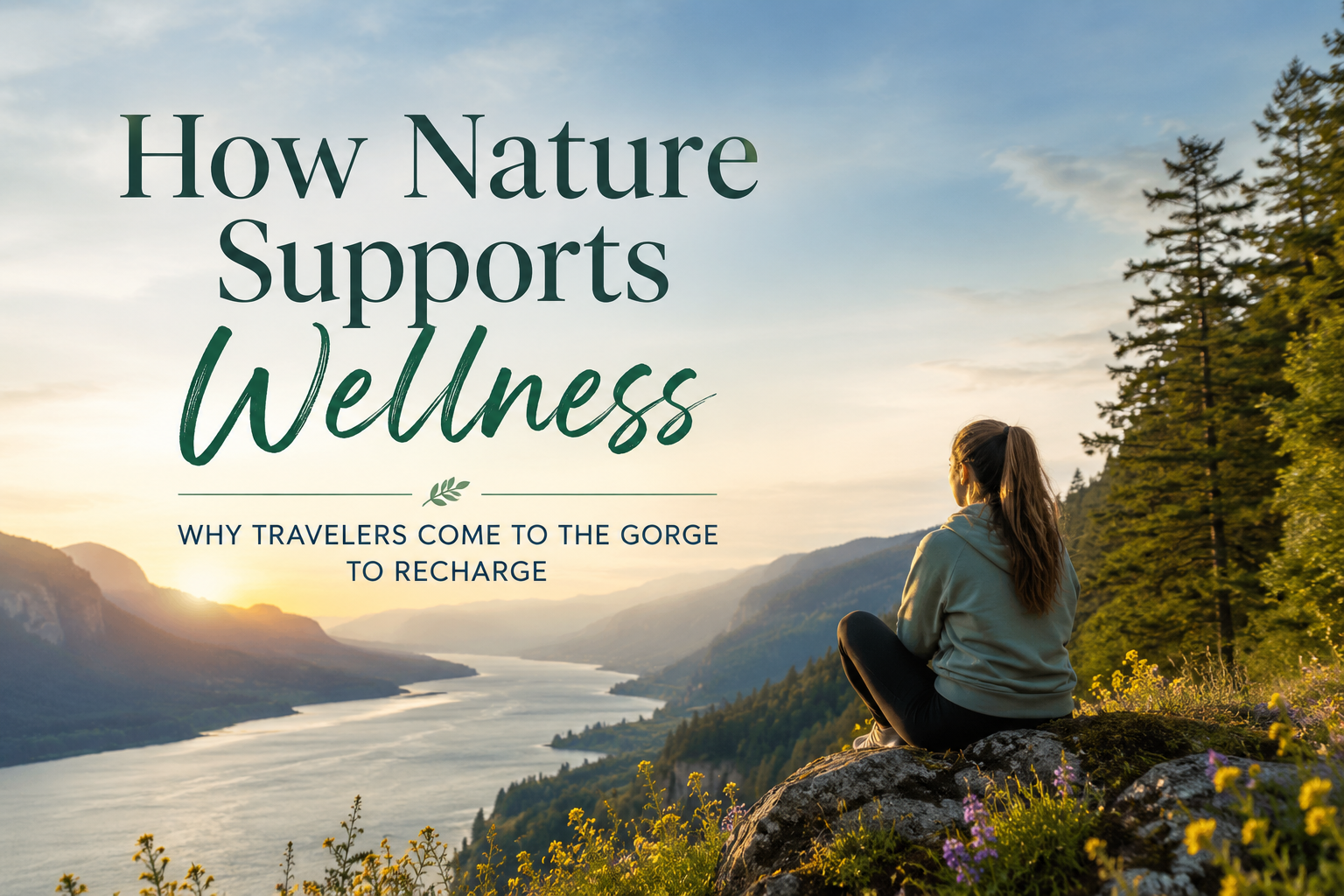 Woman meditating on a cliff above a river at sunset, with text: “How Nature Supports Wellness.”
