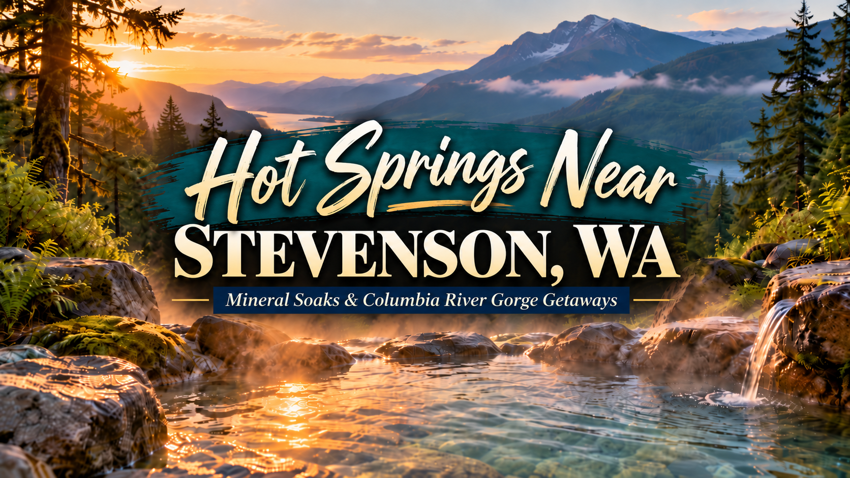 Hot springs near Stevenson, WA, with sunset-lit mountains, forest, and river scene