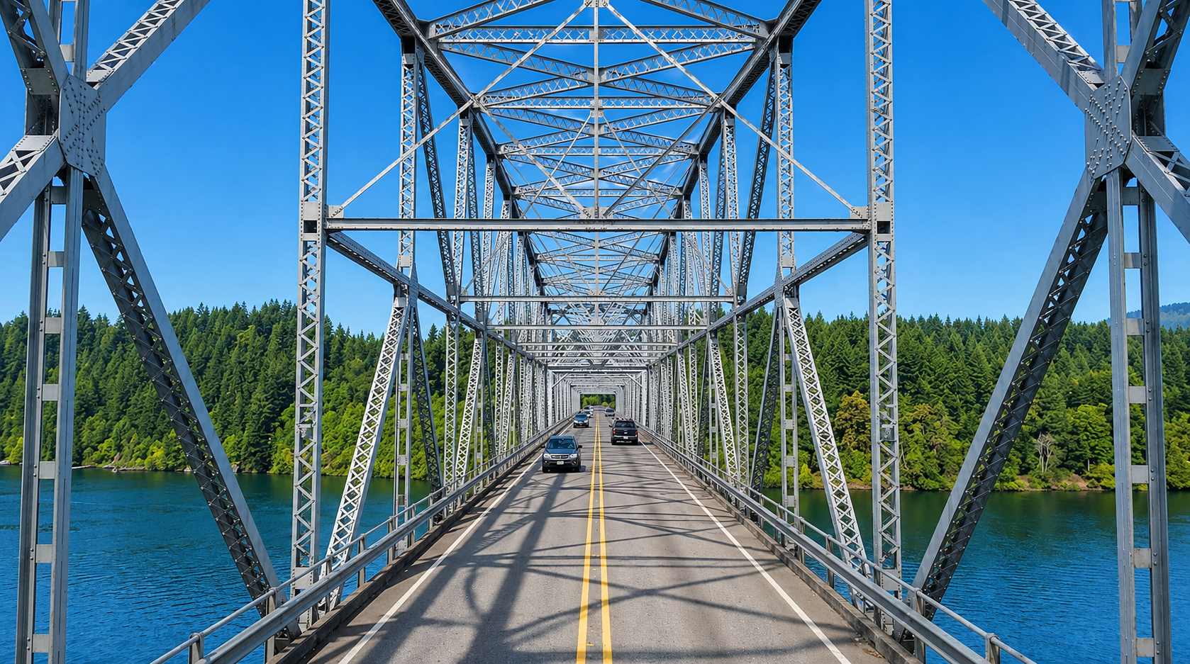 Steel truss bridge over a river, with a car driving toward a forested shoreline under a clear blue sky.