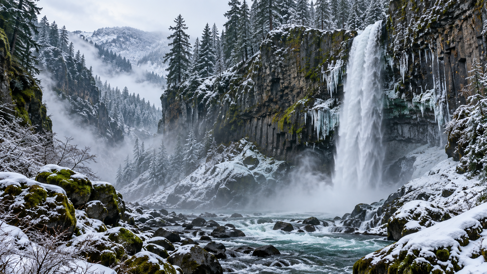Snowy forest waterfall cascading into a rocky river in a misty mountain valley
