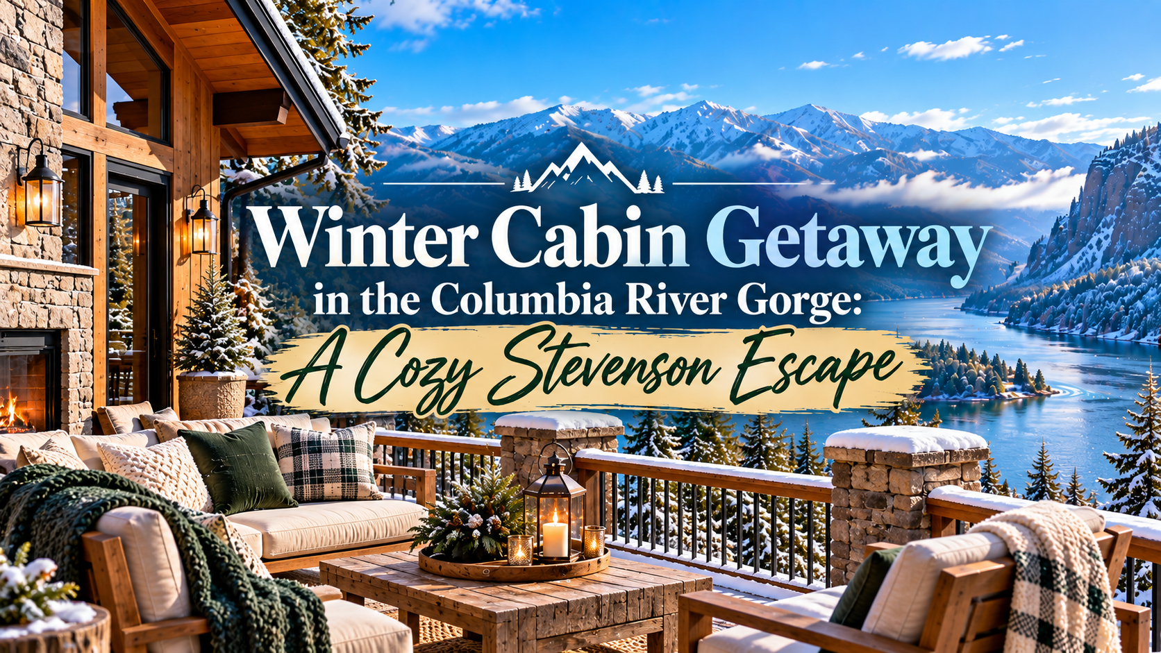 Winter cabin getaway in Columbia River Gorge with snowy mountains and a cozy deck