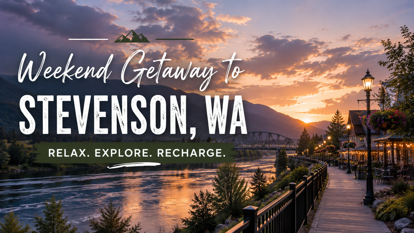 Sunset waterfront boardwalk in Stevenson, WA with mountains, river, and text: “Weekend Getaway to Stevenson, WA”