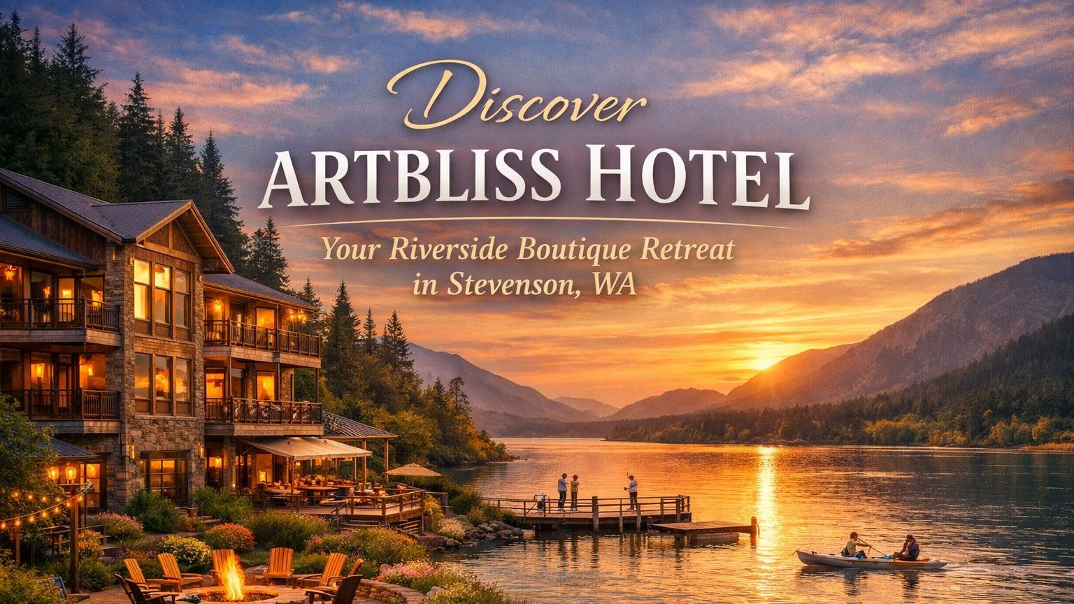 A sunset over a lake with a multi-story stone hotel and a fire pit, promoting Artbliss Hotel in Stevenson, WA.