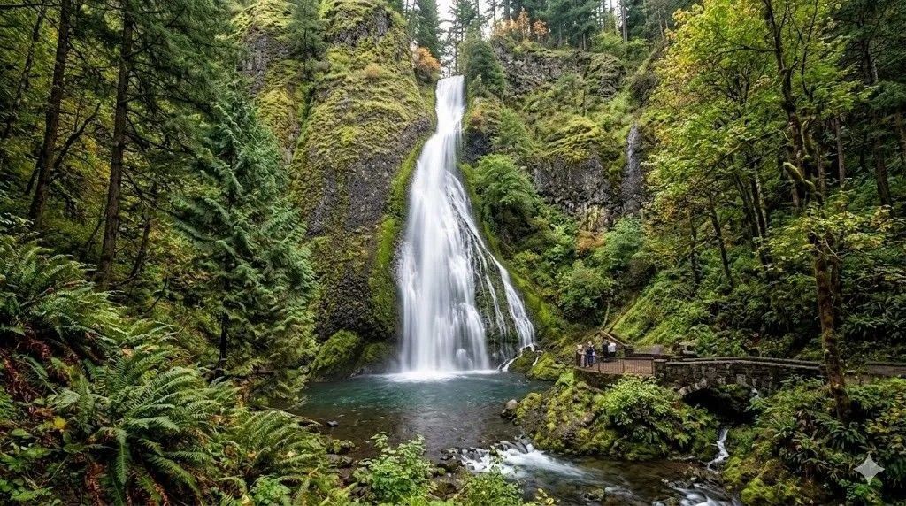 Tall waterfall cascading into a forest pool surrounded by lush green trees and moss-covered rocks