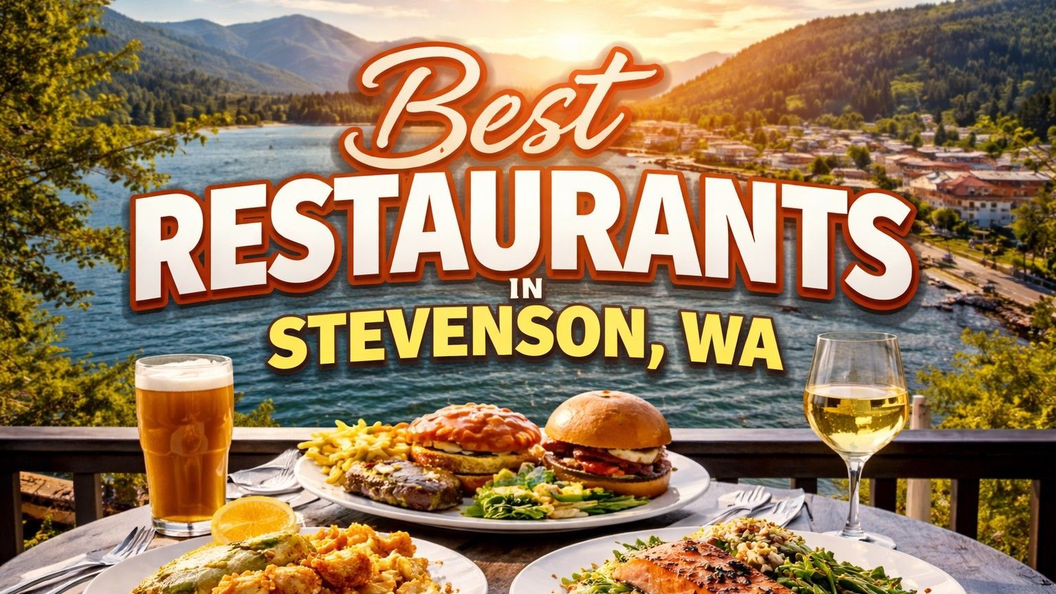 A scenic view of a riverfront town in Stevenson, WA, with a restaurant table featuring various dishes, beer, and wine.