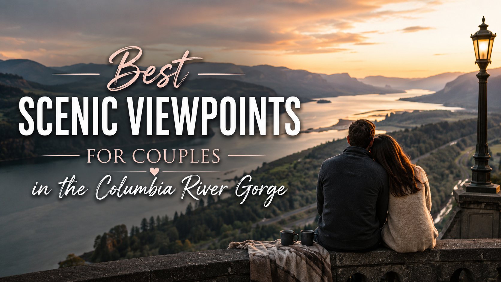 Couple overlooking Columbia River Gorge at sunset with text: Best Scenic Viewpoints for Couples