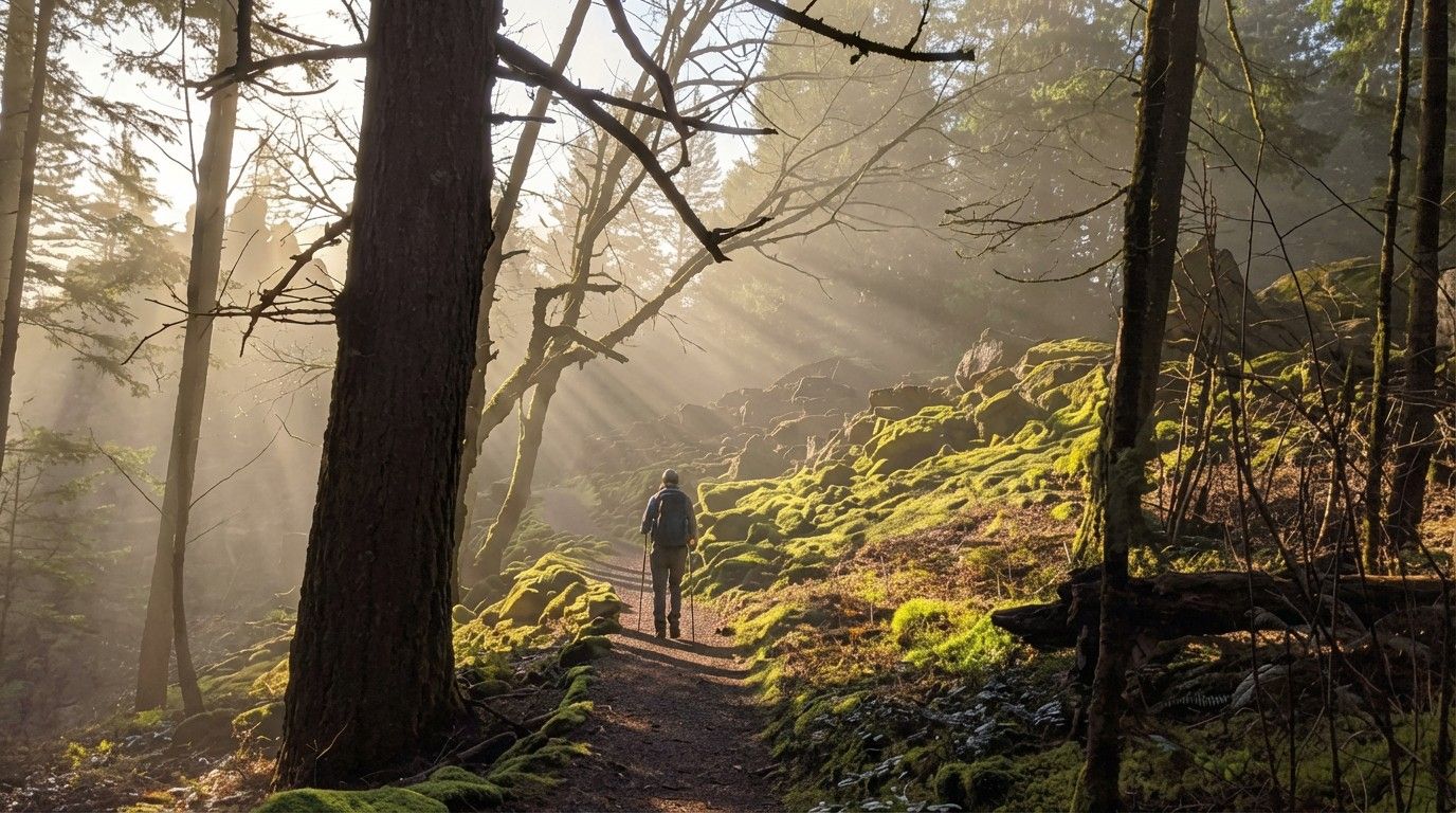 A person walks along a mossy forest trail as golden sunlight streams through the canopy in dramatic beams.