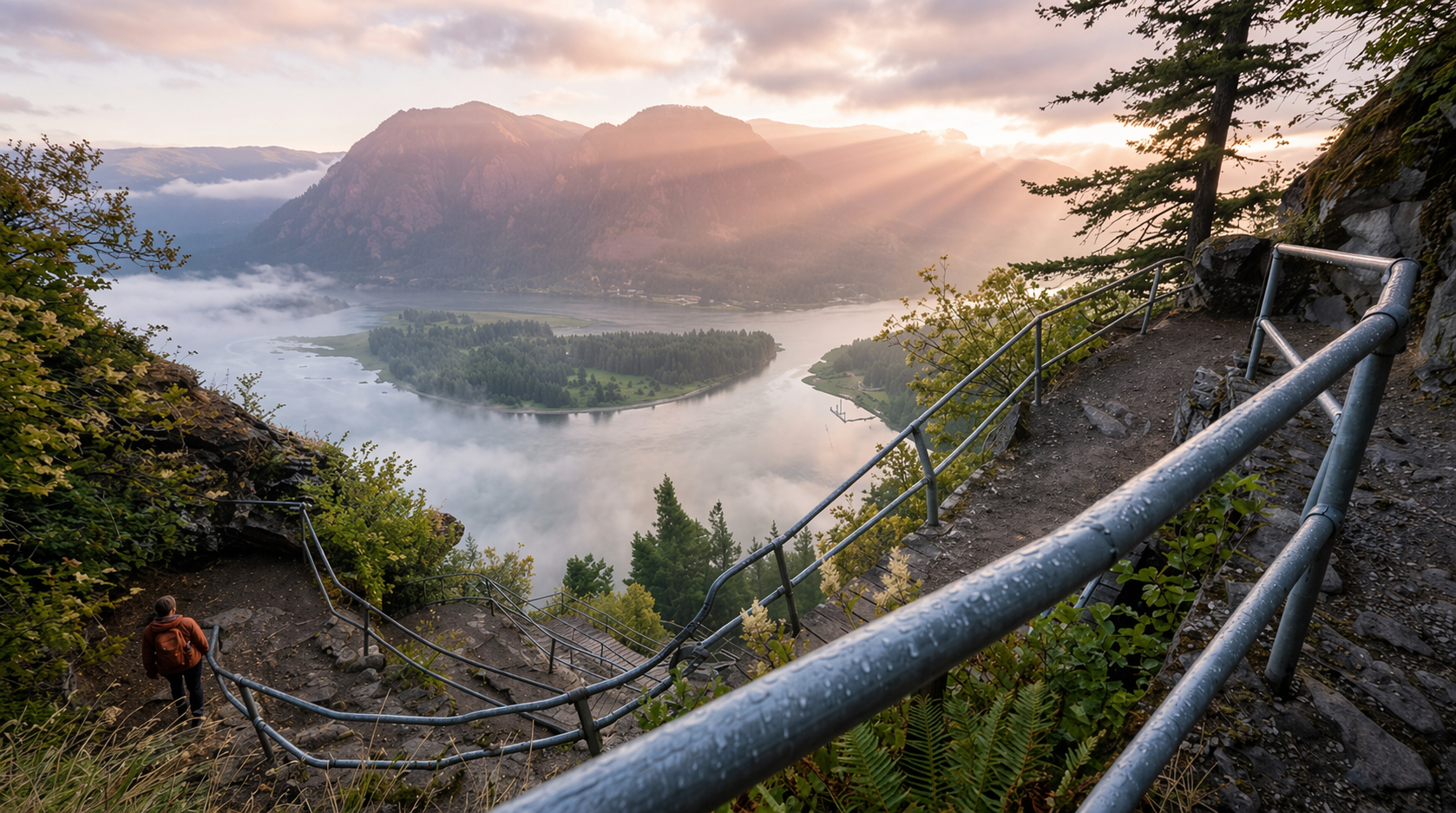 Sunrise over a misty mountain valley, with a winding rail and forested overlook in the foreground