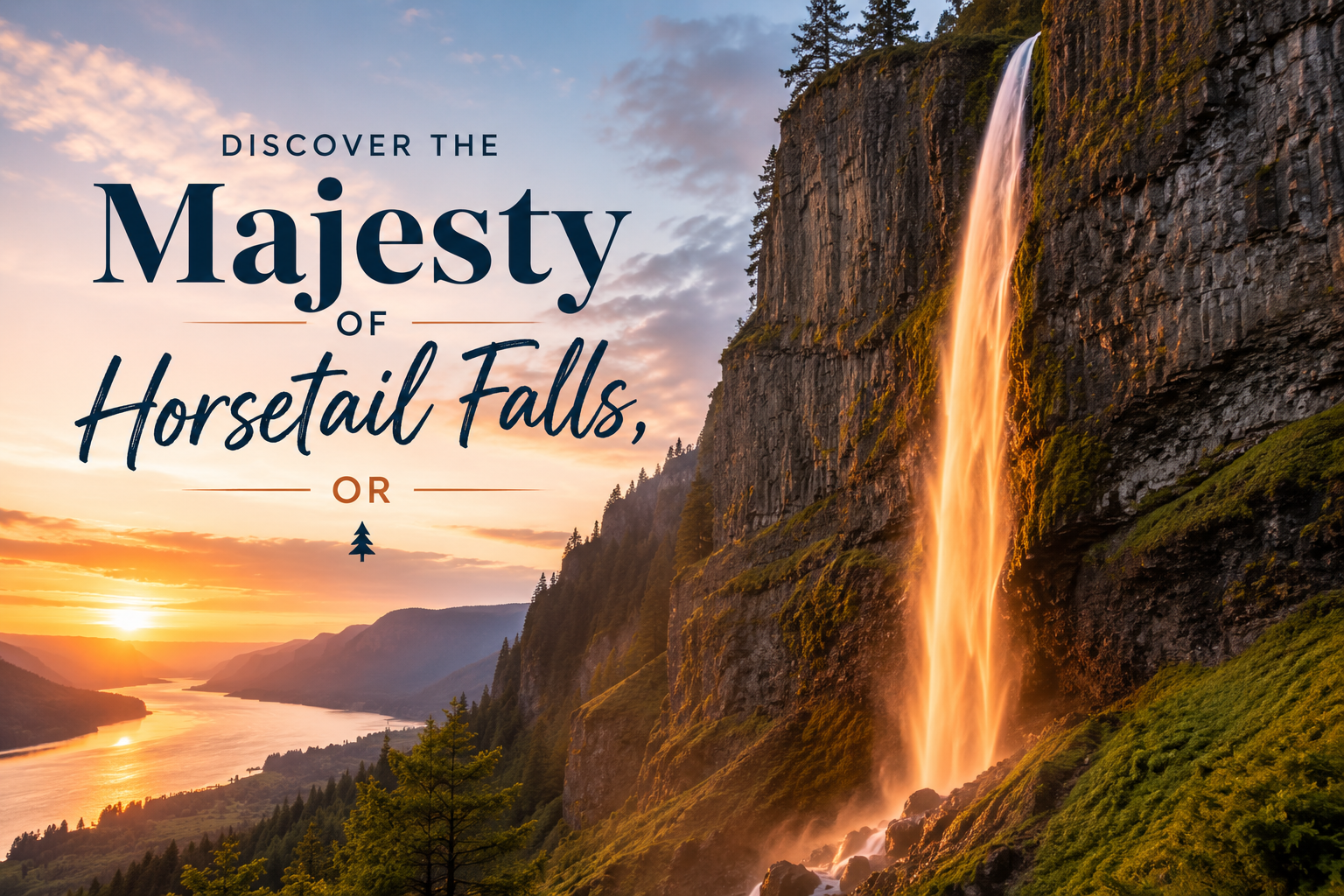 Sunset view of Horsetail Falls glowing beside a cliff, with “Discover the Majesty” text overlay