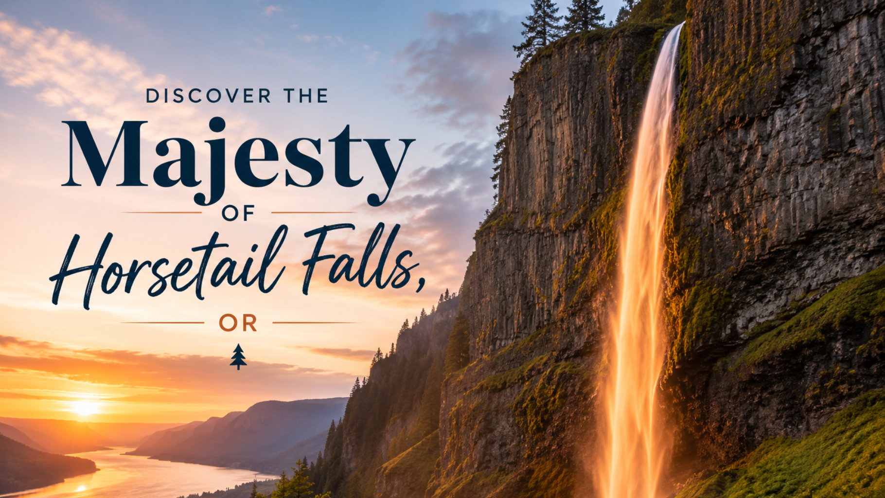 Sunset view of Horsetail Falls with text, “Discover the Majesty of Horsetail Falls.”
