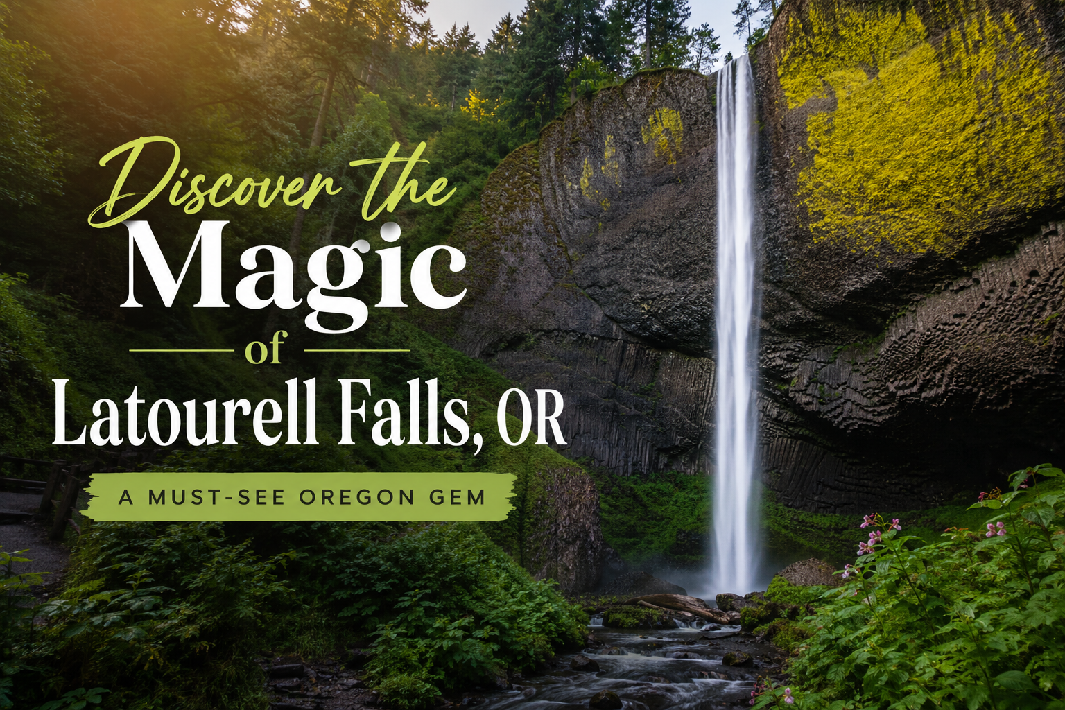Latourell Falls, Oregon waterfall in a lush forest with text: “Discover the Magic.”