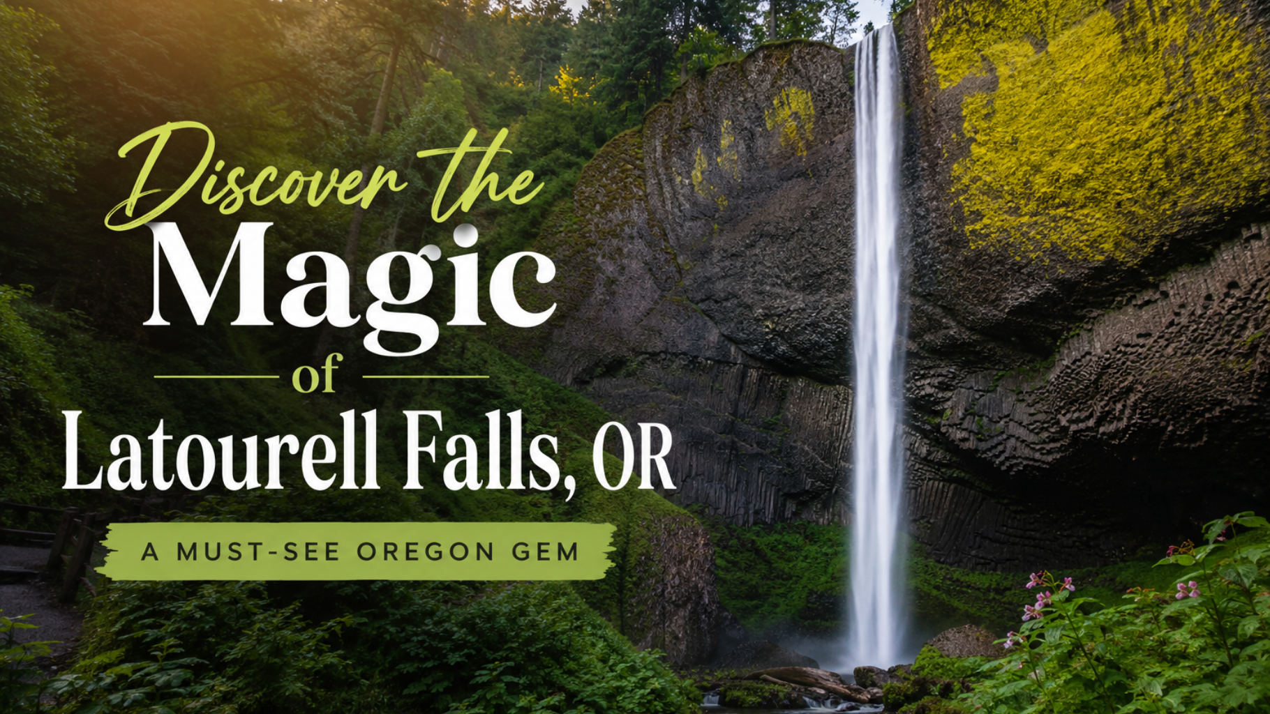 Waterfall at Latourell Falls, Oregon with text: “Discover the Magic” and “A must-see Oregon gem”