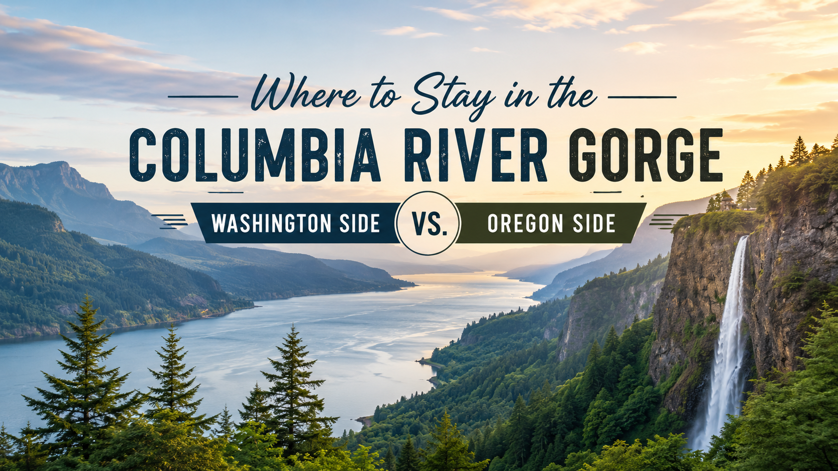 Columbia River Gorge scenic view with river, cliffs, waterfall, and text comparing Washington side vs. Oregon side