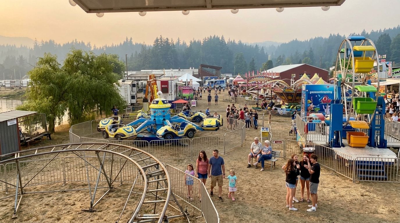 Crowded autumn fairground with rides, booths, and families on a dirt field under overcast skies