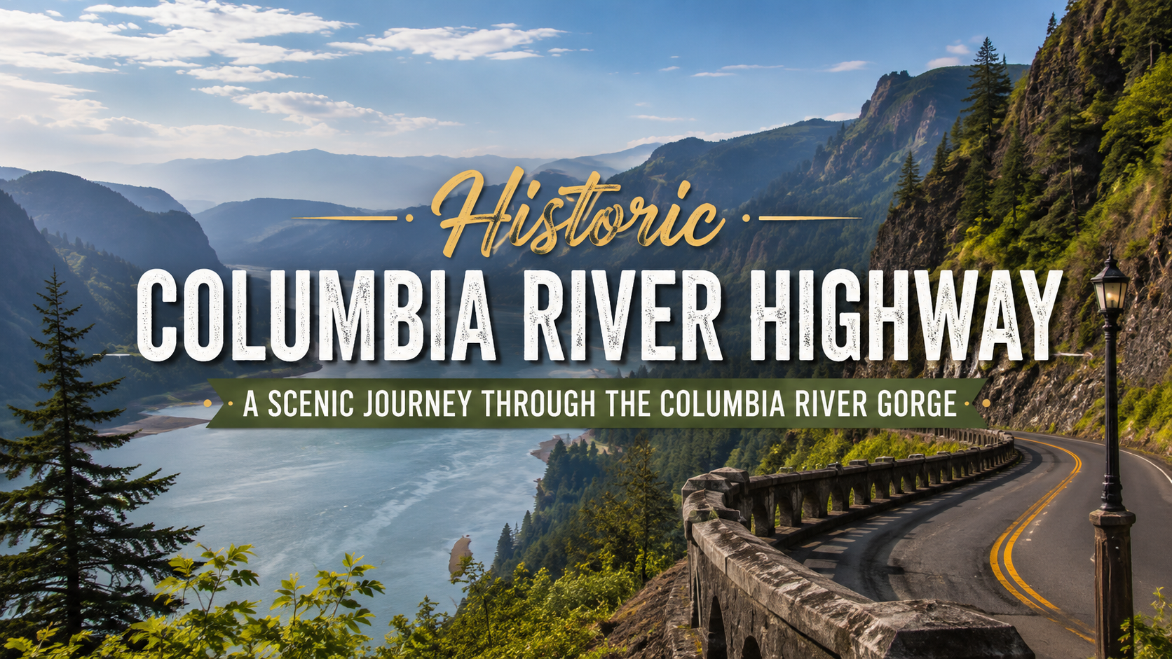 Historic Columbia River Highway with winding road, river gorge, mountains, and blue sky at sunset.