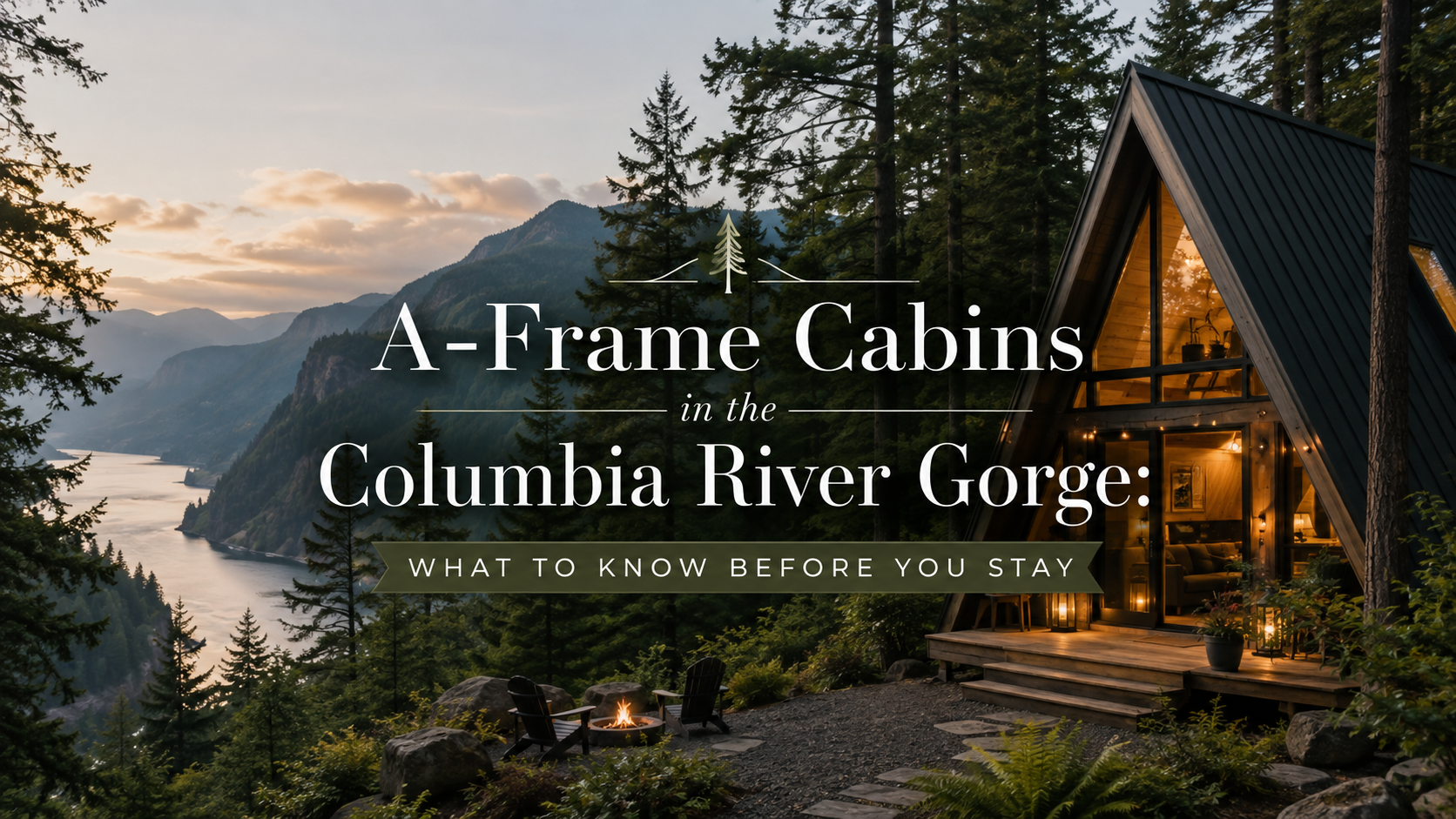 A-frame cabins at Columbia River Gorge at sunset with warm lights and misty mountains