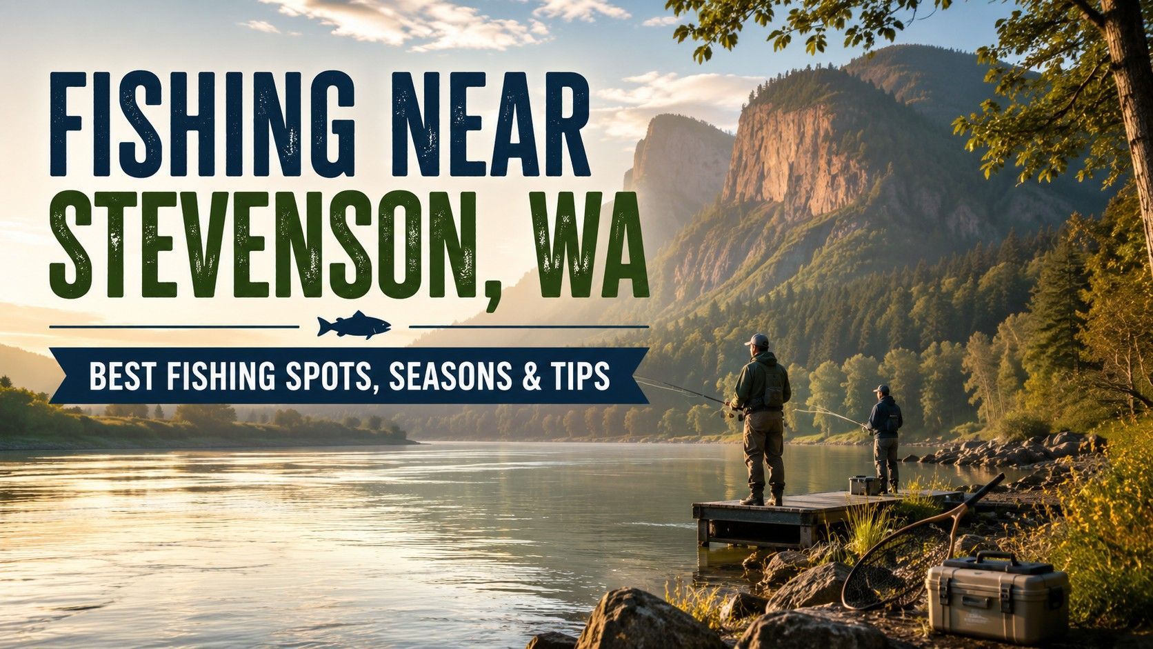 Fishing near Stevenson, WA with anglers by a river, forest, mountains, and sunset sky.