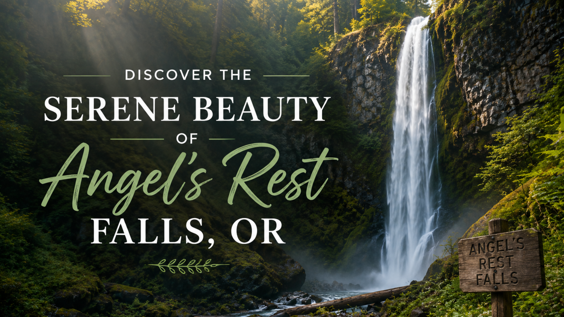 Waterfall in lush forest with text: “Serene Beauty Angel’s Rest Falls, OR.”