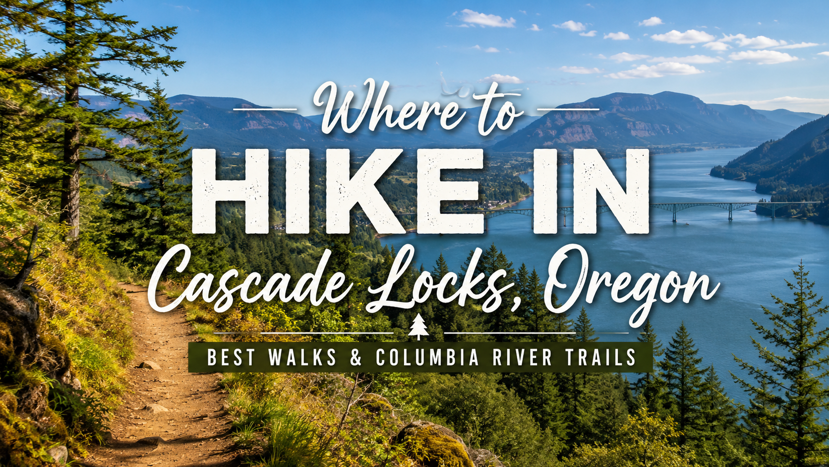 Hiking trail overlook with river and mountains, overlaid text: “Where to Hike in Cascade Locks, Oregon.”