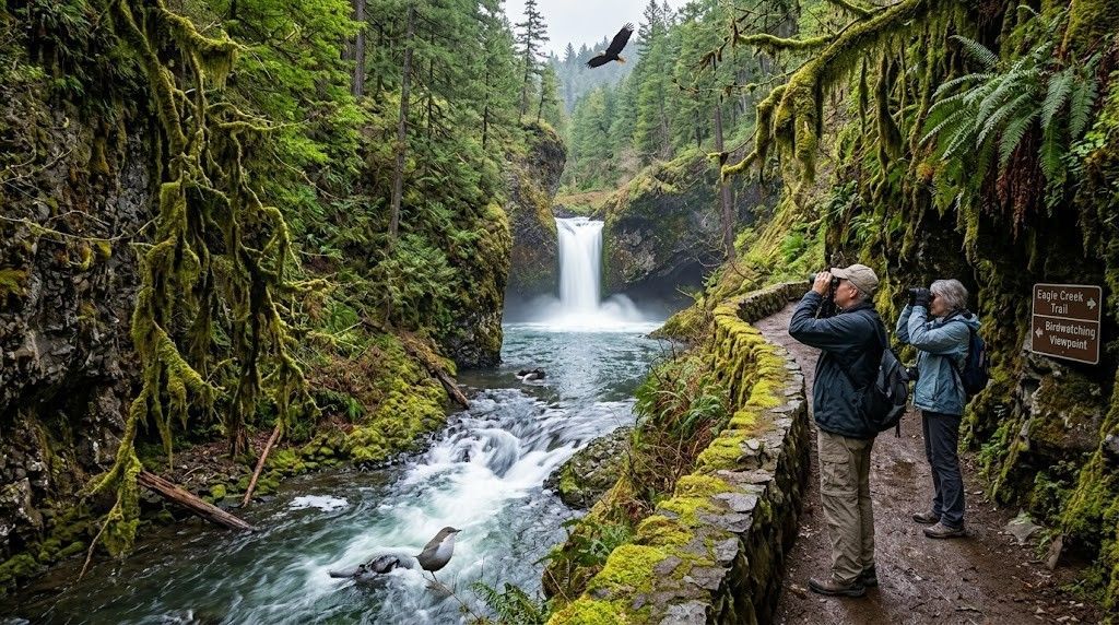 Two hikers on a forest trail by a waterfall and rushing river in a lush green gorge