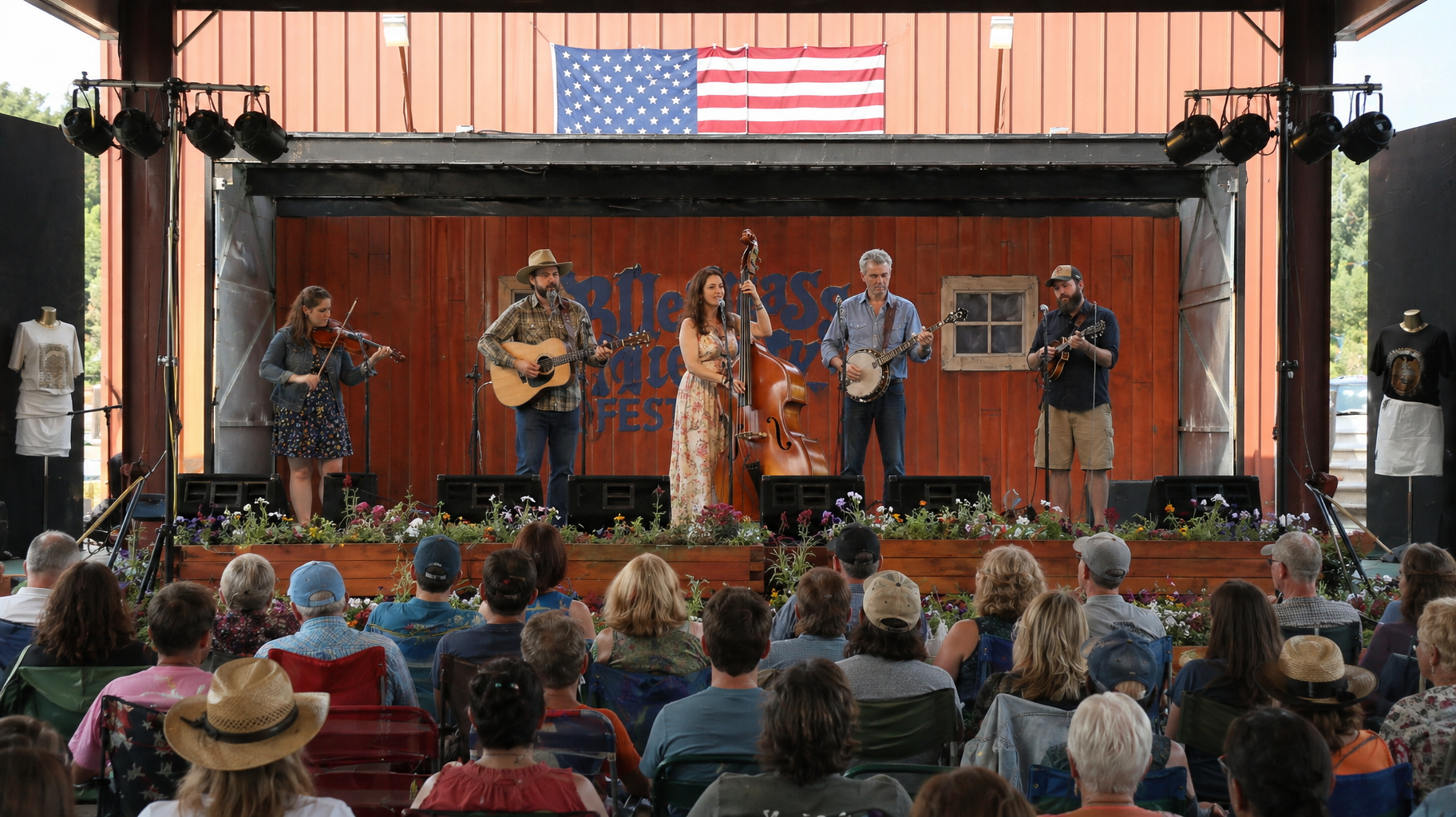 Outdoor stage performance with band, dancers, and crowd seated under an American flag
