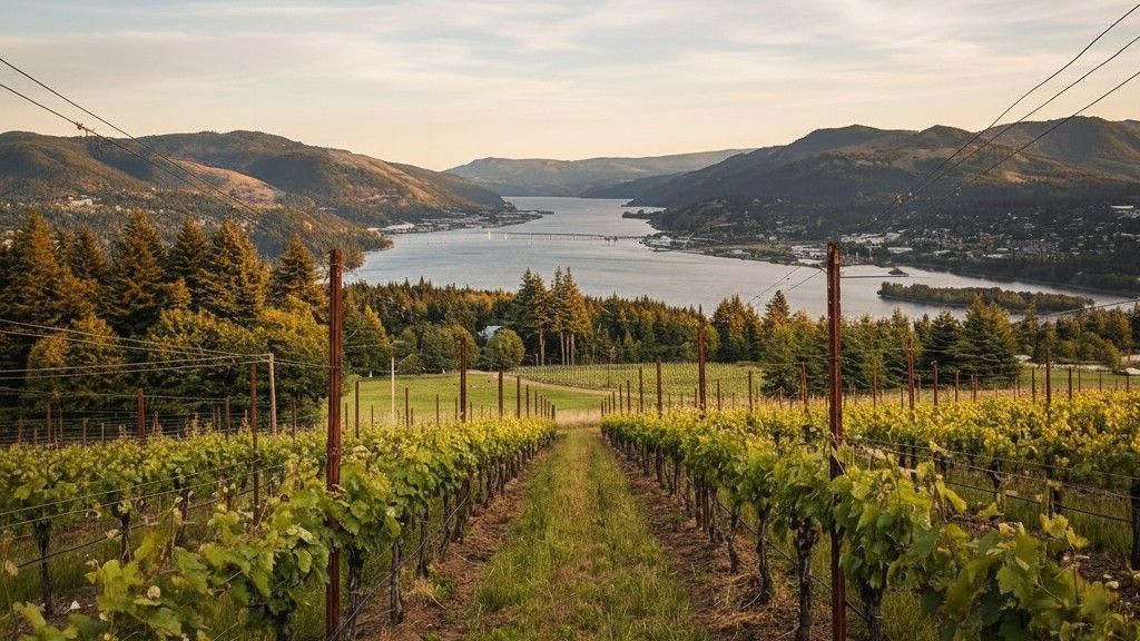 Lush grapevines in the foreground overlook a wide river valley surrounded by hills at sunset.