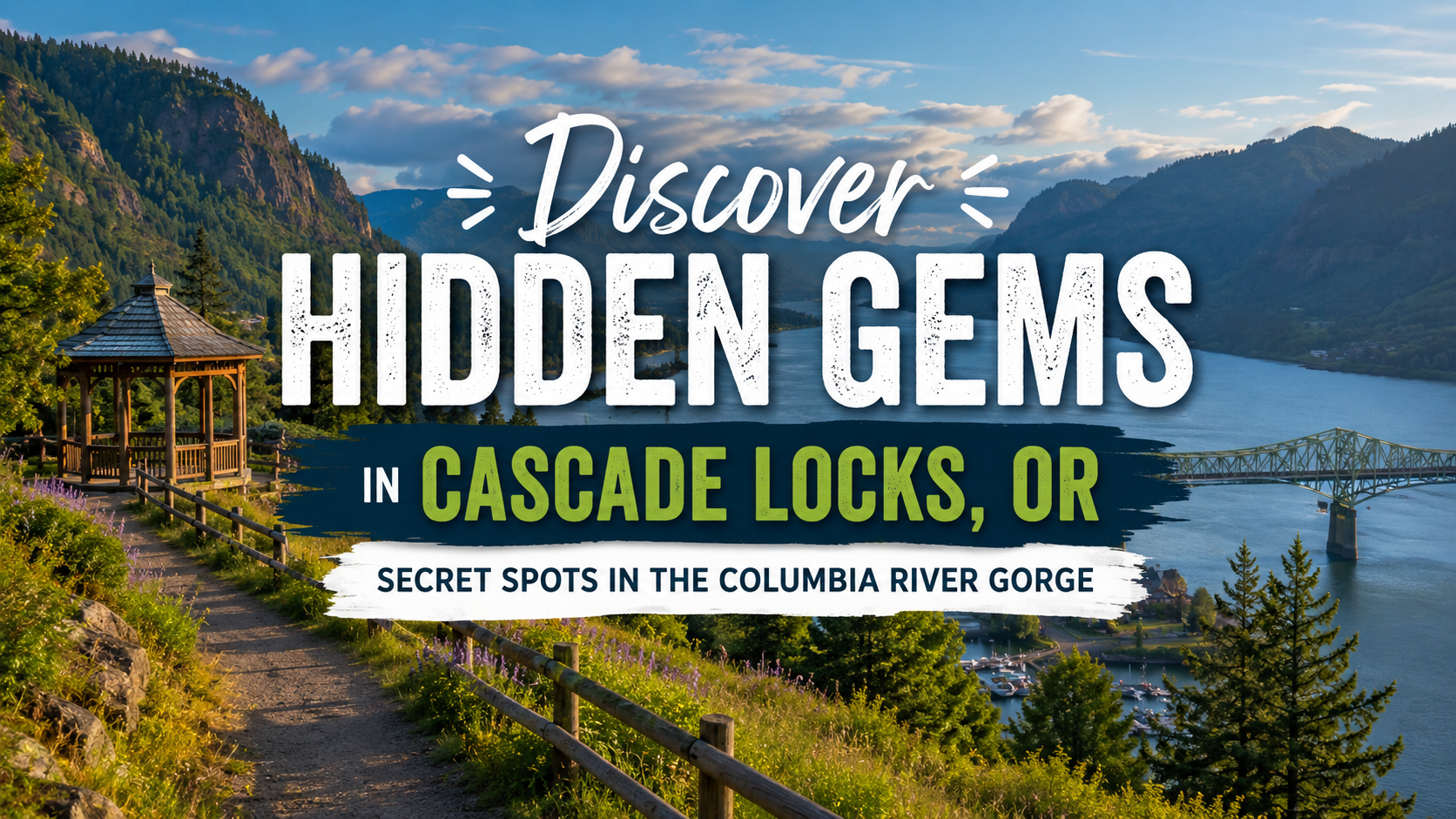 Cascade Locks overlook on the Columbia River Gorge with “Discover Hidden Gems” title text