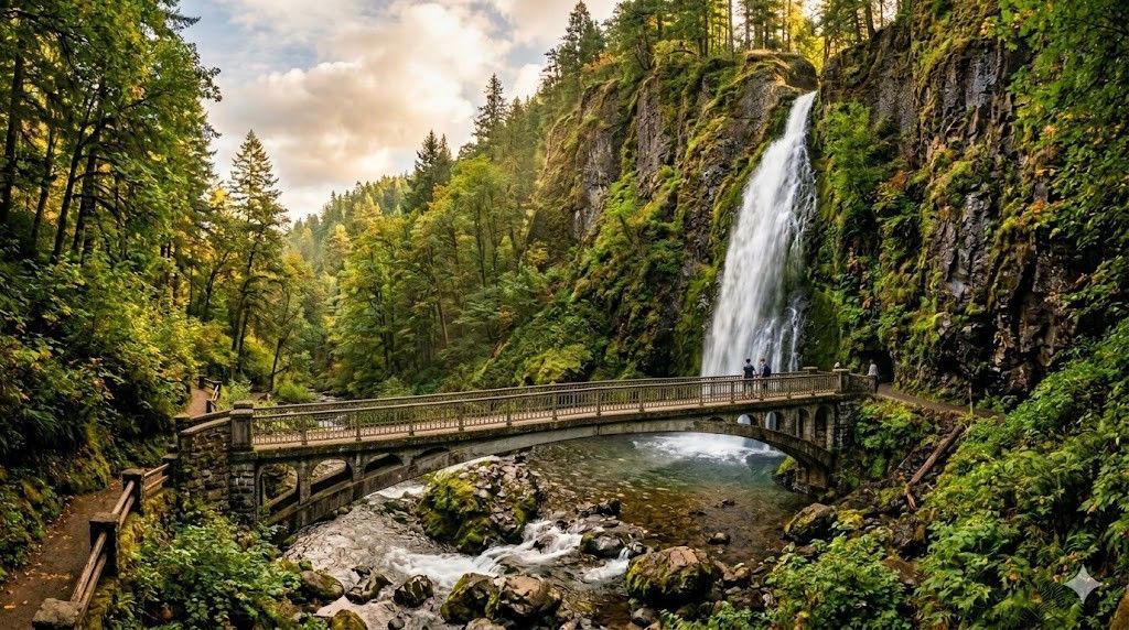 Waterfall cascading into a forest pool beside a wooden footbridge under green trees and rocky cliffs