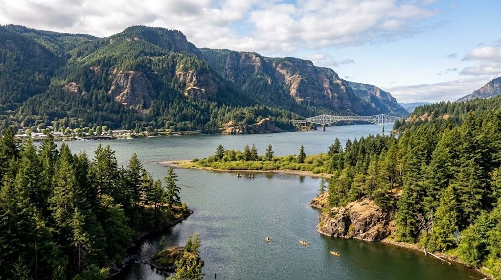 Mountain lake with forested islands and steep cliffs under a partly cloudy sky