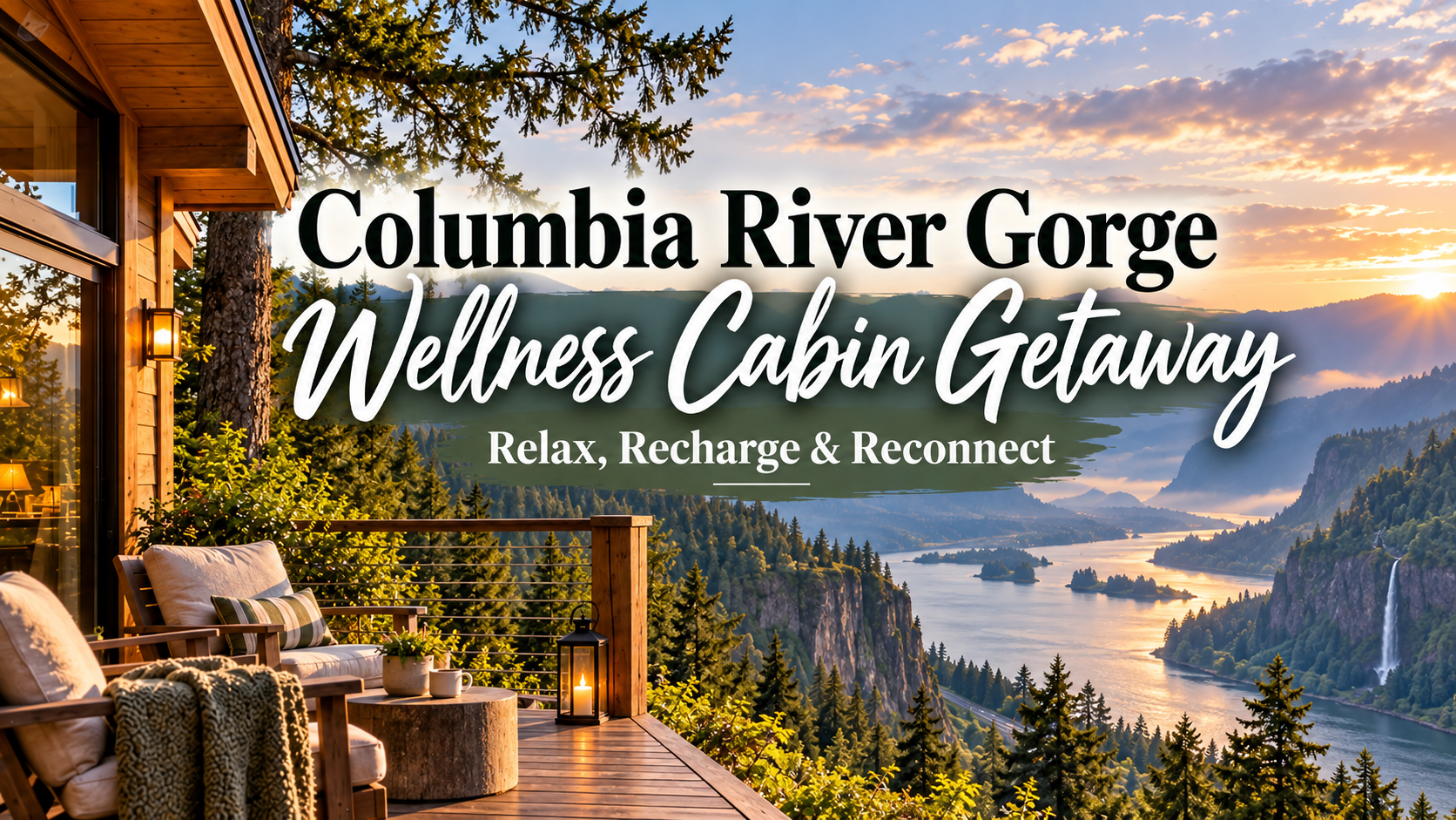 Columbia River Gorge wellness cabin getaway with deck, cozy seating, and mountain sunset view