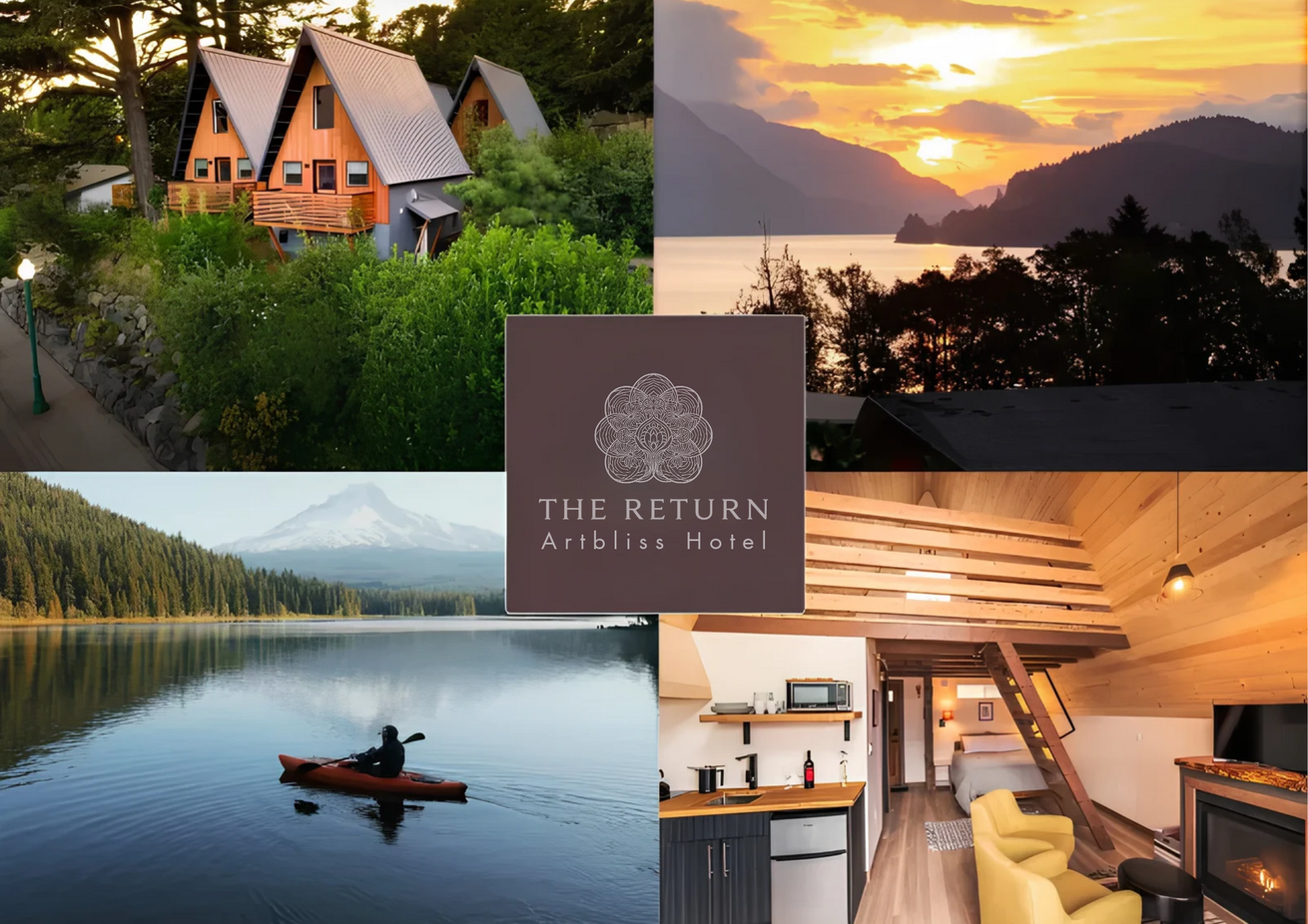 Mountain resort collage with cabin, sunset lake, canoe, and cozy cabin interior