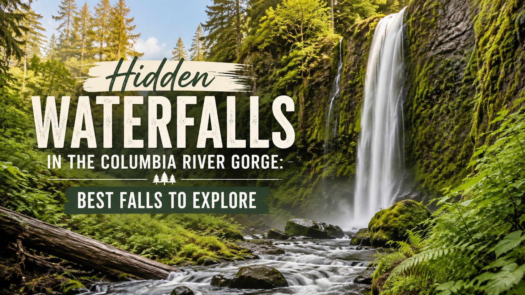Lush waterfall in a green Columbia River Gorge forest with text “Hidden Waterfalls” and “Best Falls to Explore”