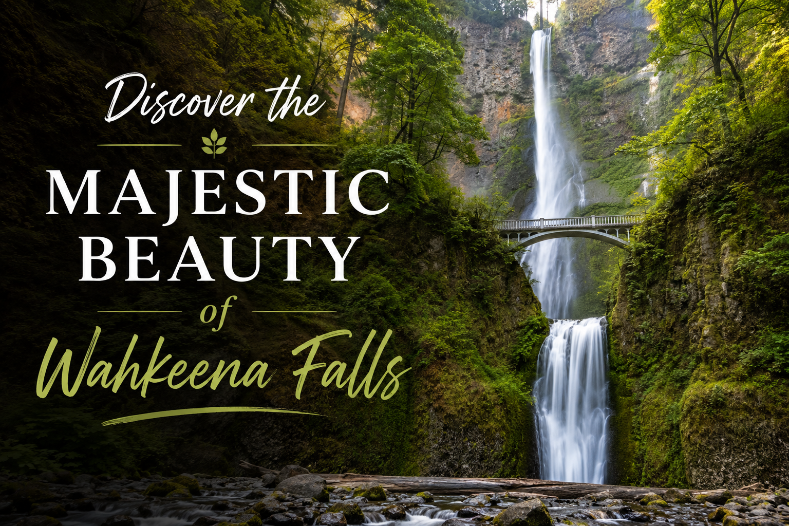Waterfall at Wahkeena Falls with bridge and forest, overlaid with text: “Discover the majestic beauty of Wahkeena Falls.”