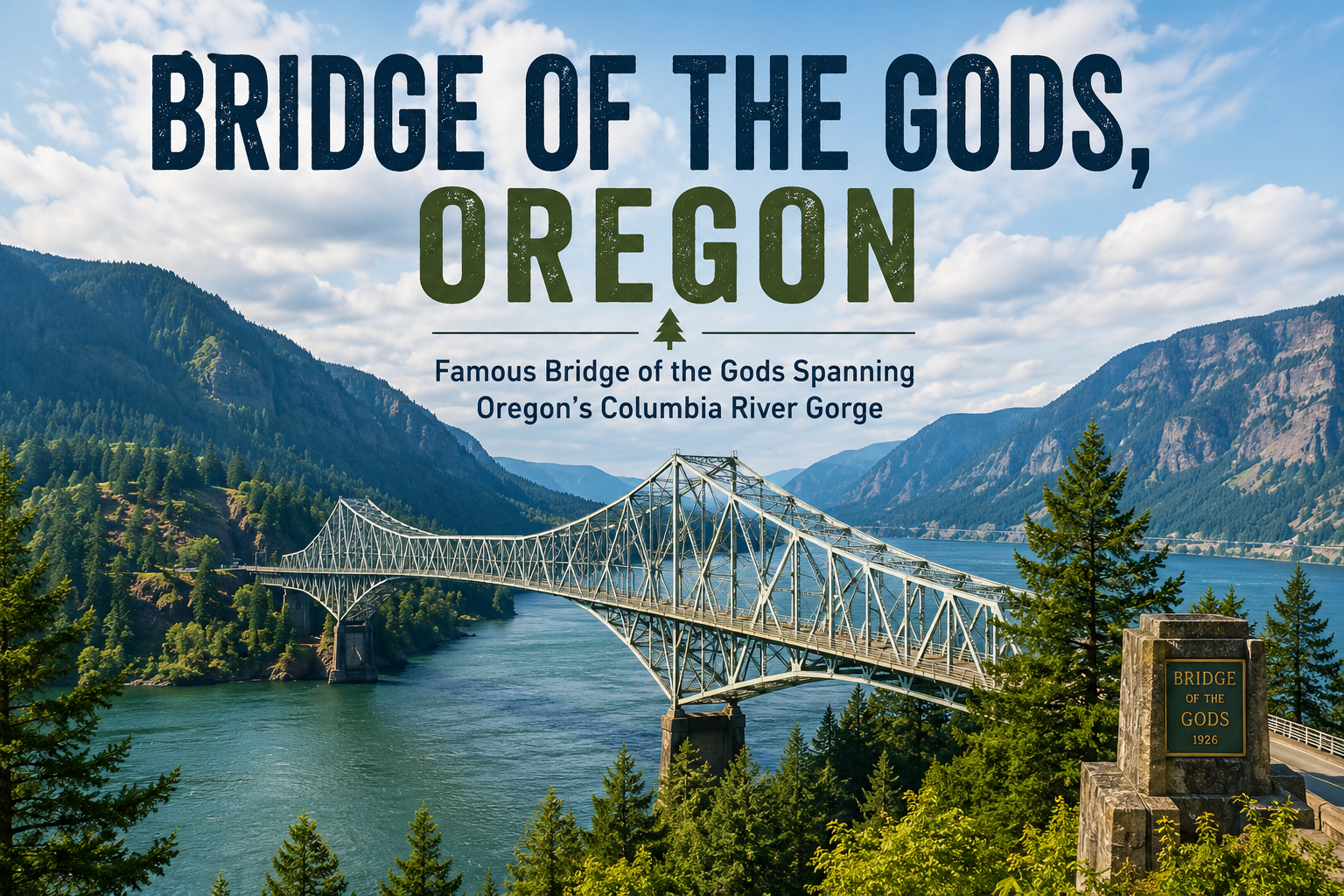 Bridge of the Gods over the Columbia River Gorge with mountains and forest, Oregon sign text.