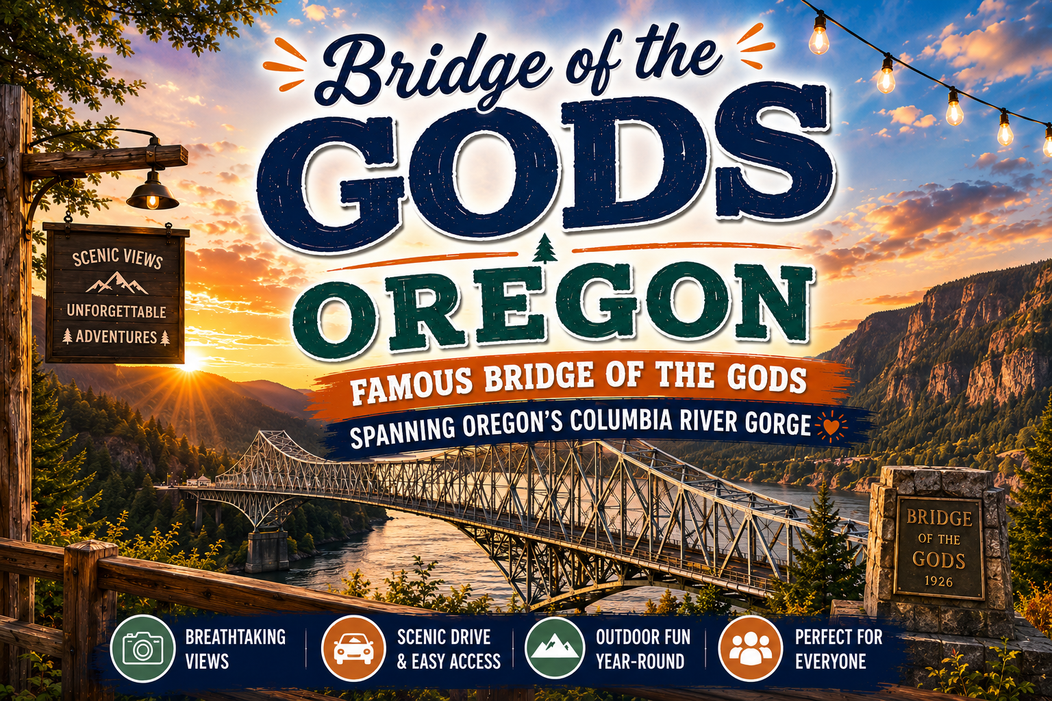 Bridge of the Gods Oregon scenic sign with bridge and Columbia River Gorge at sunset