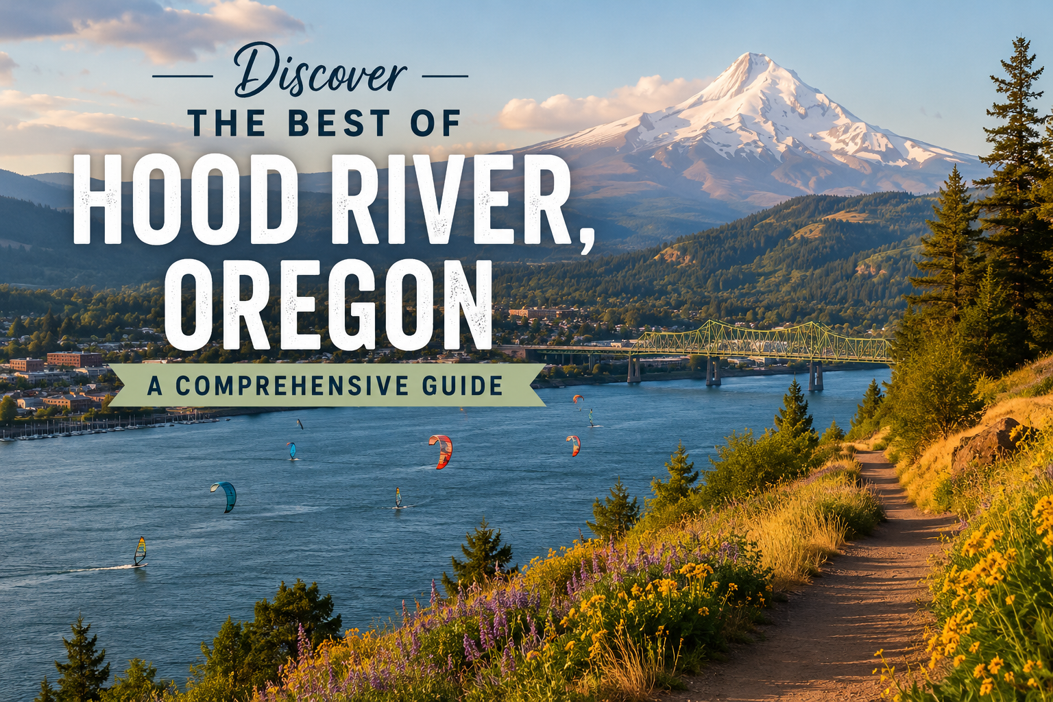 Hood River, Oregon travel guide cover with river, mountains, and scenic trail at sunset
