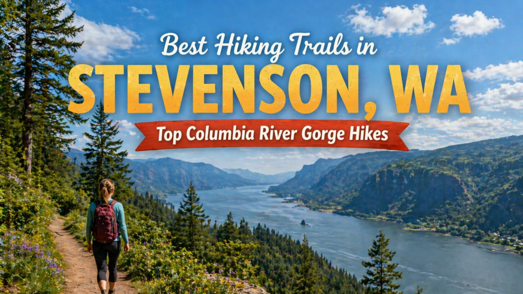 Hiker overlooking Columbia River Gorge with text: “Best Hiking Trails in Stevenson, WA”