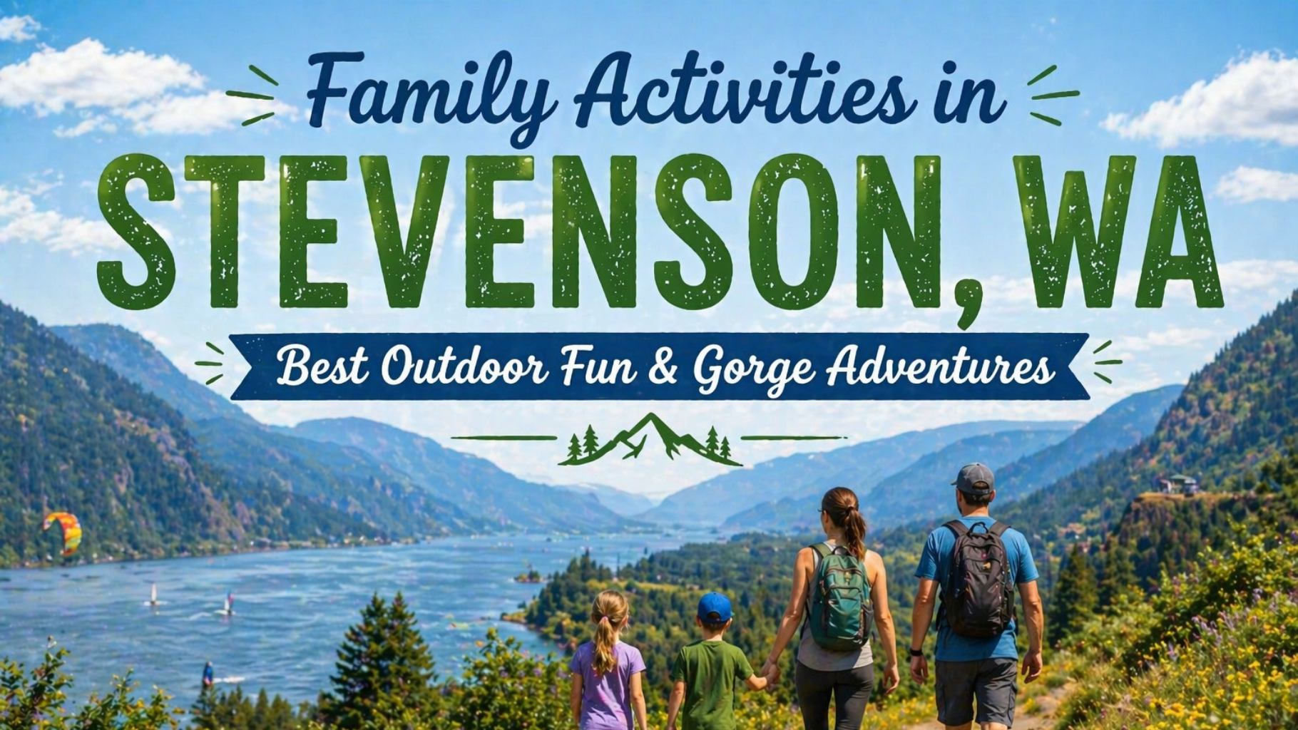 Family activities in Stevenson, WA with hikers overlooking a river and mountains