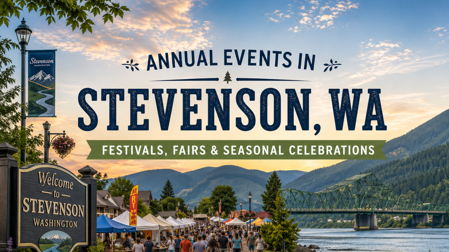 Annual events in Stevenson, WA over a scenic river valley and bridge at sunset