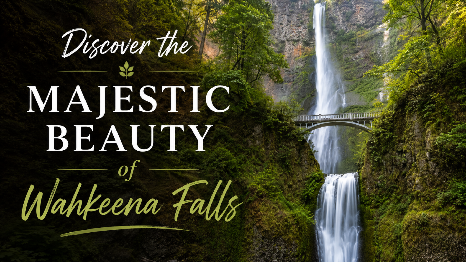 Waterfall in a lush green forest with text reading “Discover the majestic beauty Wahkeena Falls”