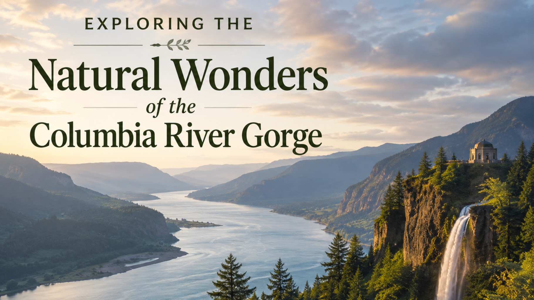 Columbia River Gorge landscape with river, cliffs, forest, and waterfall at sunset; title text overlay