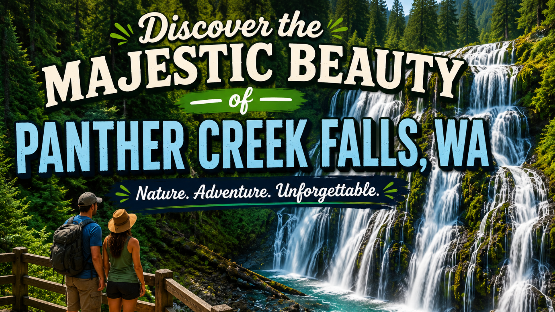 Travel poster for Panther Creek Falls, WA, with hikers, a bridge, and a waterfall in a forested gorge