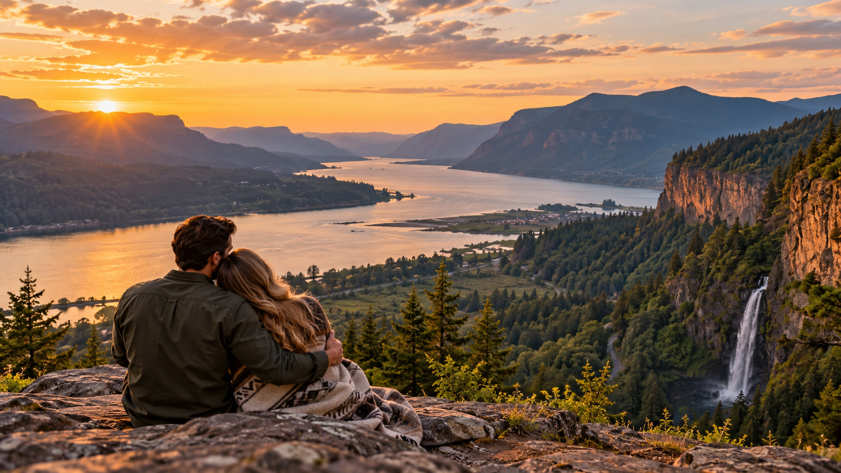 Couple embracing on a cliff at sunset overlooking a river and mountains with a waterfall in the foreground