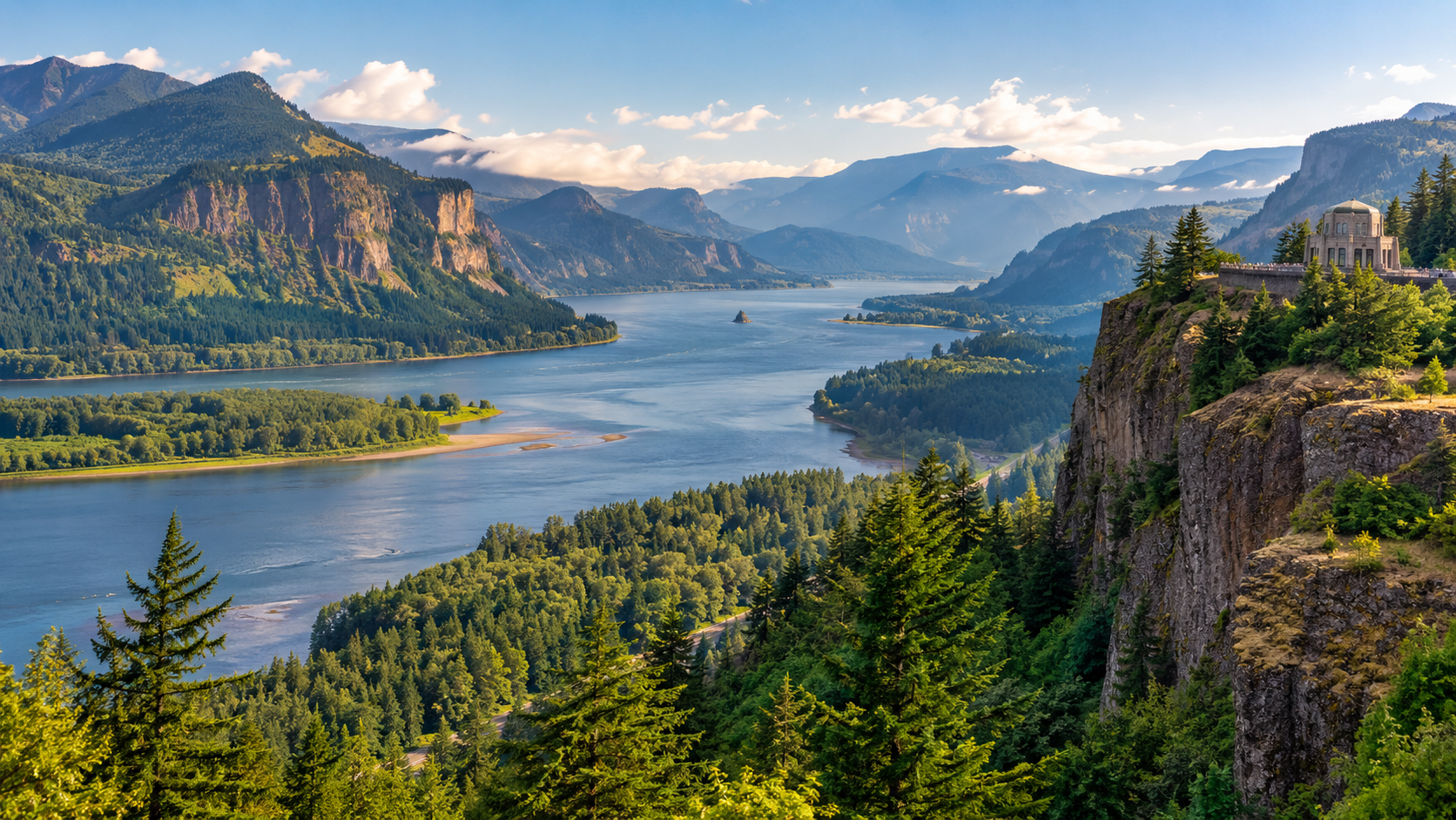 River valley with forested cliffs, mountains, and a winding river under a partly cloudy sky