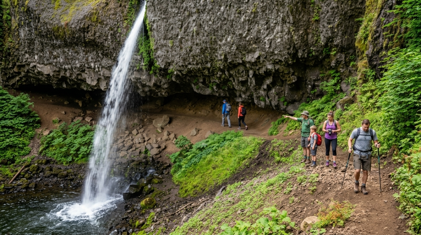 Hikers on a muddy trail beside a waterfall under a rocky overhang