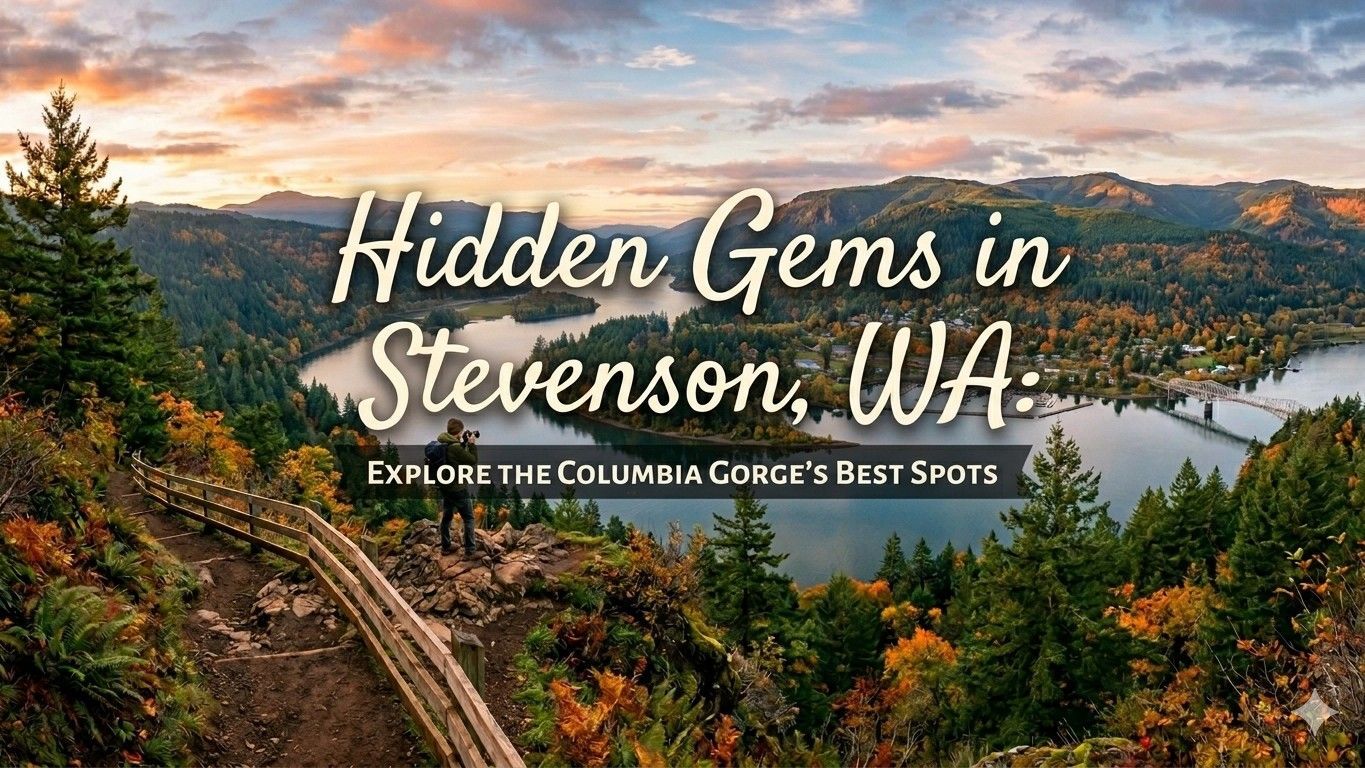 Scenic view of a river gorge in Stevenson, WA, at sunset, with a person standing on a trail overlooking the water.