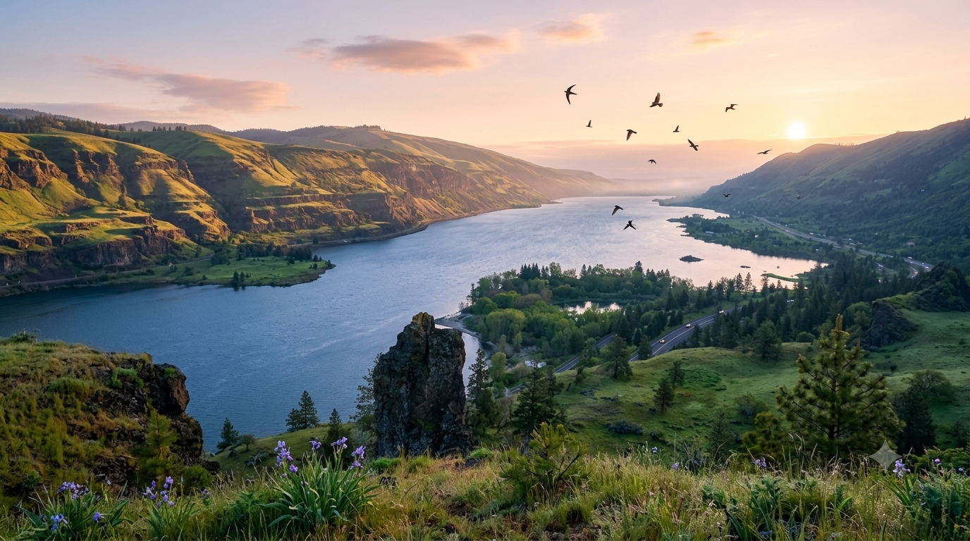 Sunset over a wide lake between green hills, with birds flying above and a village on the shore